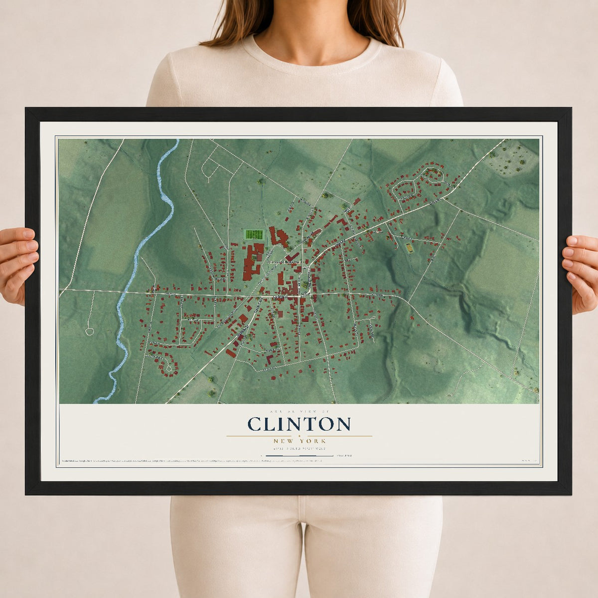 Clinton, New York map print, 18" x 24" W/ Black Ayous Wood Frame mockup