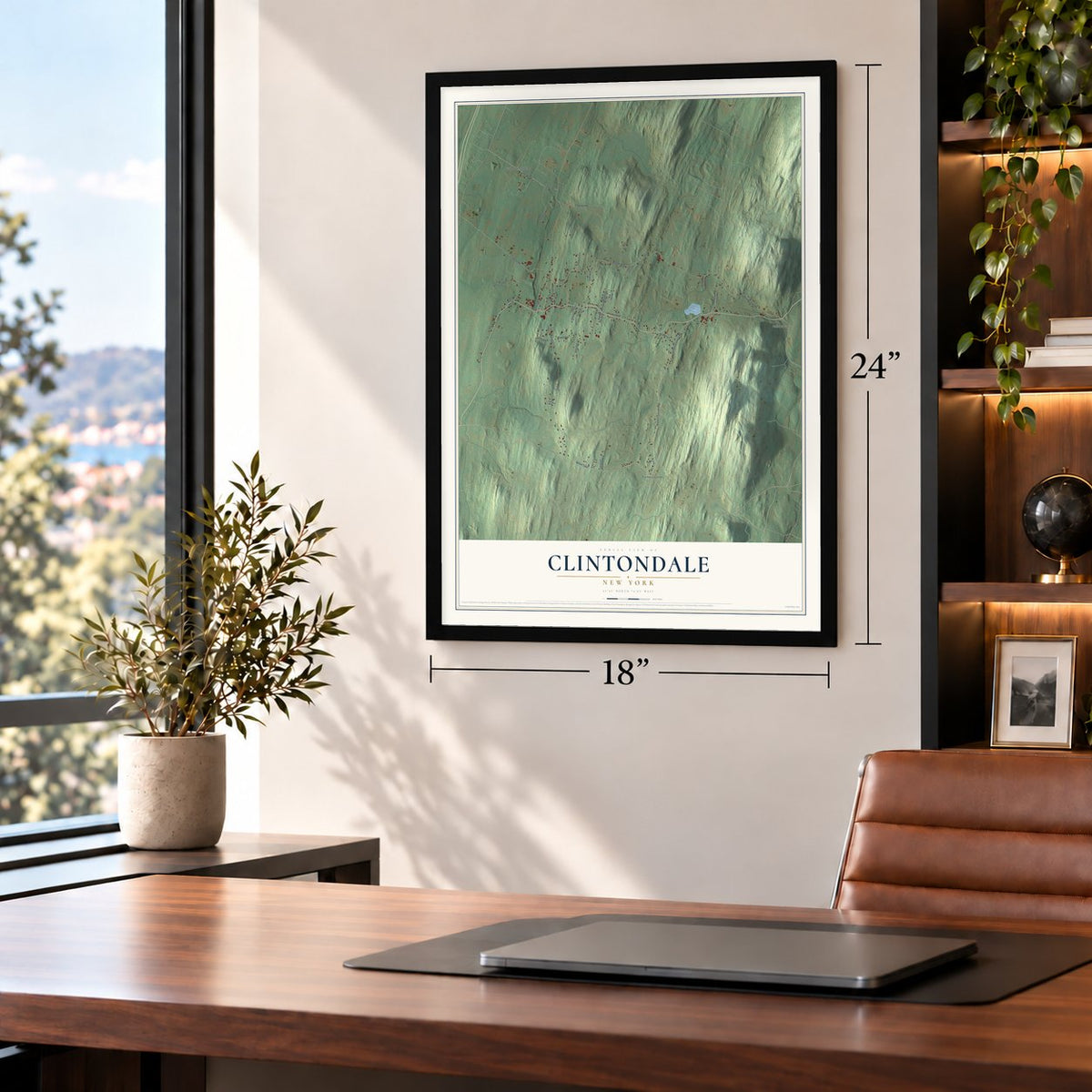 Clintondale, New York map, 18 x 24 inch print in a black frame in a home office
