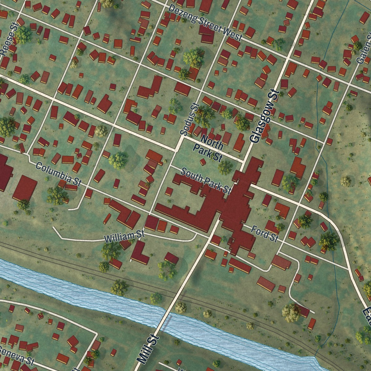 Close-up of the map of Clyde, New York print showing street and building detail