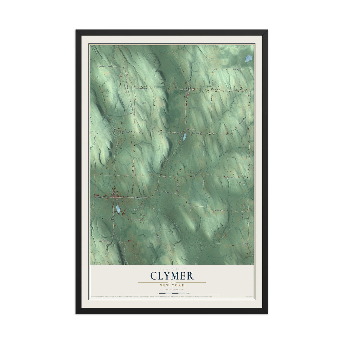 Clymer, New York map print, 12" x 18" W/ Black Ayous Wood Frame mockup