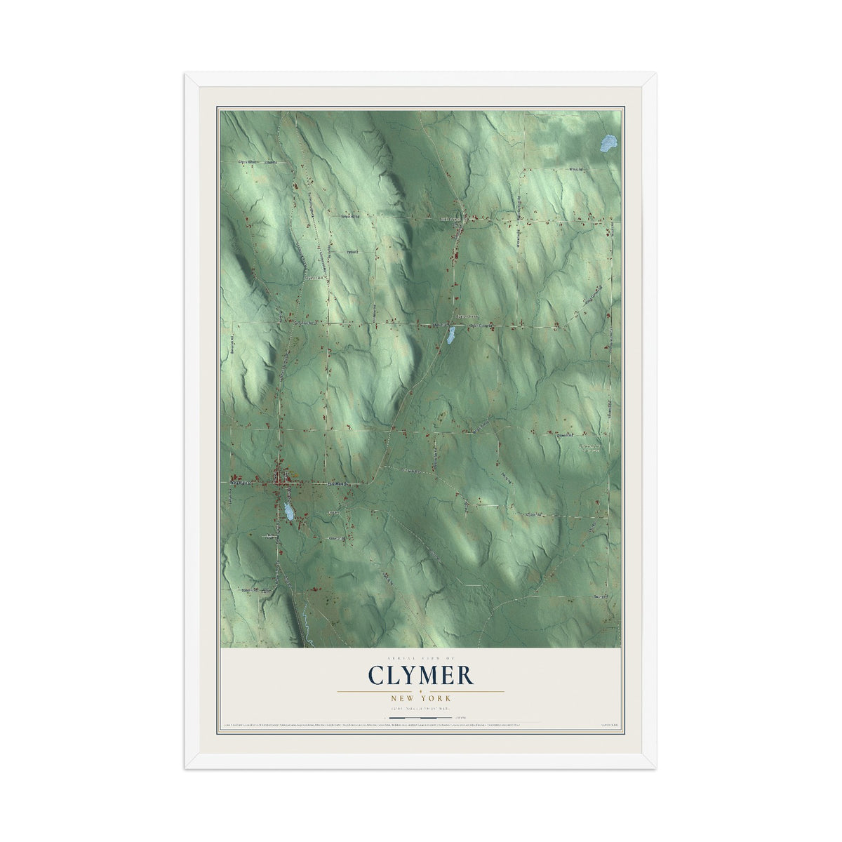 Clymer, New York map print, 12" x 18" W/ White Ayous Wood Frame mockup