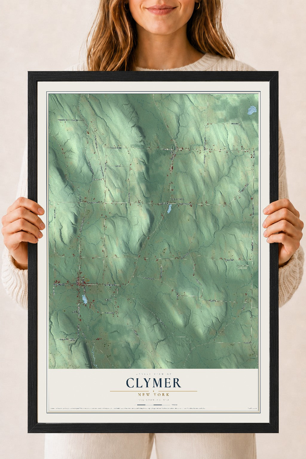 Clymer, New York map print, 18" x 24" W/ Black Ayous Wood Frame mockup