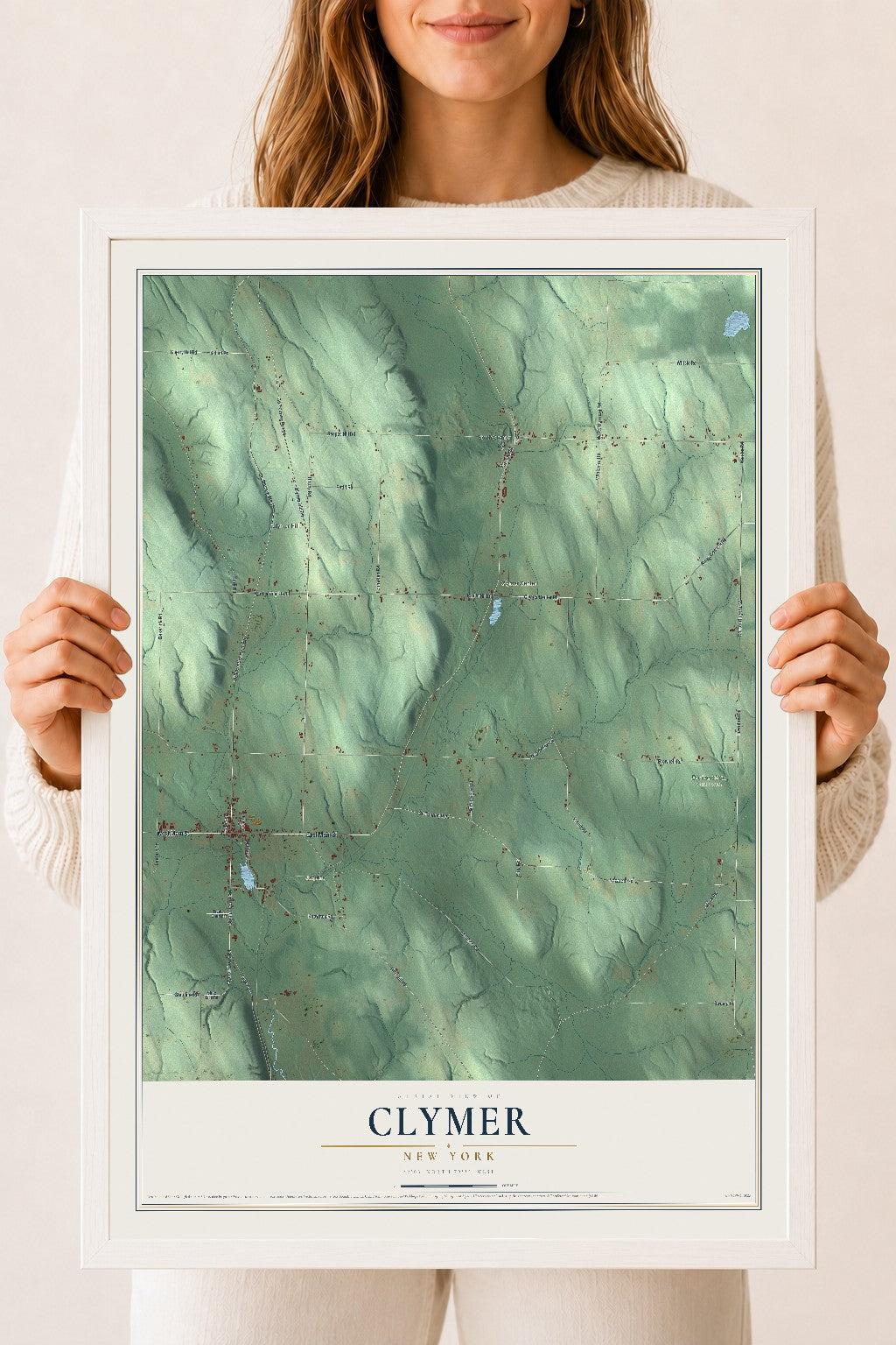 Clymer, New York map print, 18" x 24" W/ White Ayous Wood Frame mockup