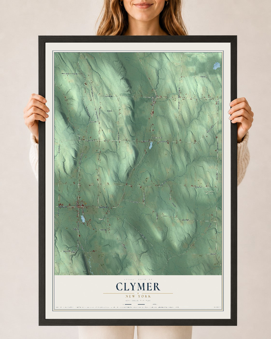 Clymer, New York map print, 24" x 36" W/ Black Ayous Wood Frame mockup