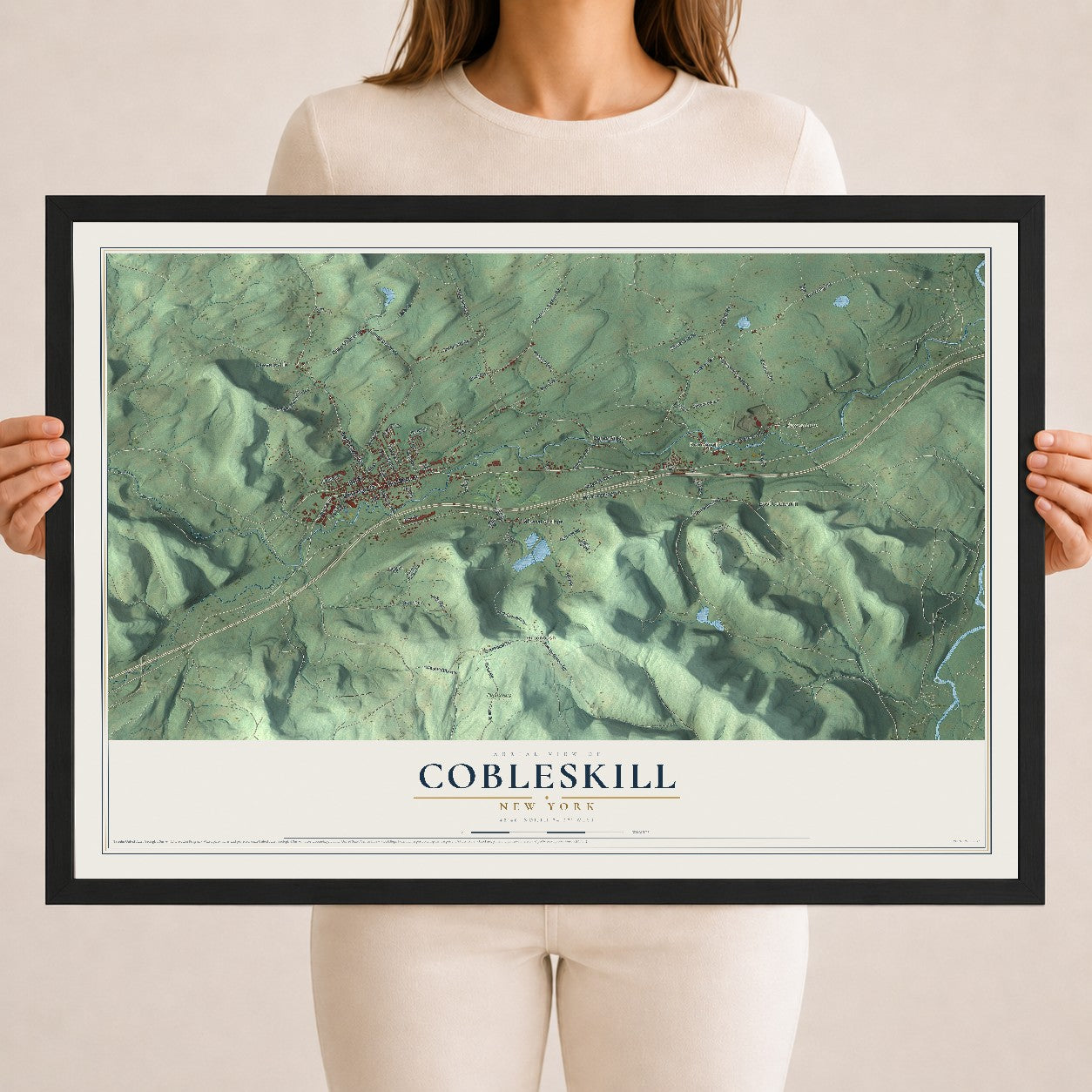 Cobleskill, New York map print, 18" x 24" W/ Black Ayous Wood Frame mockup