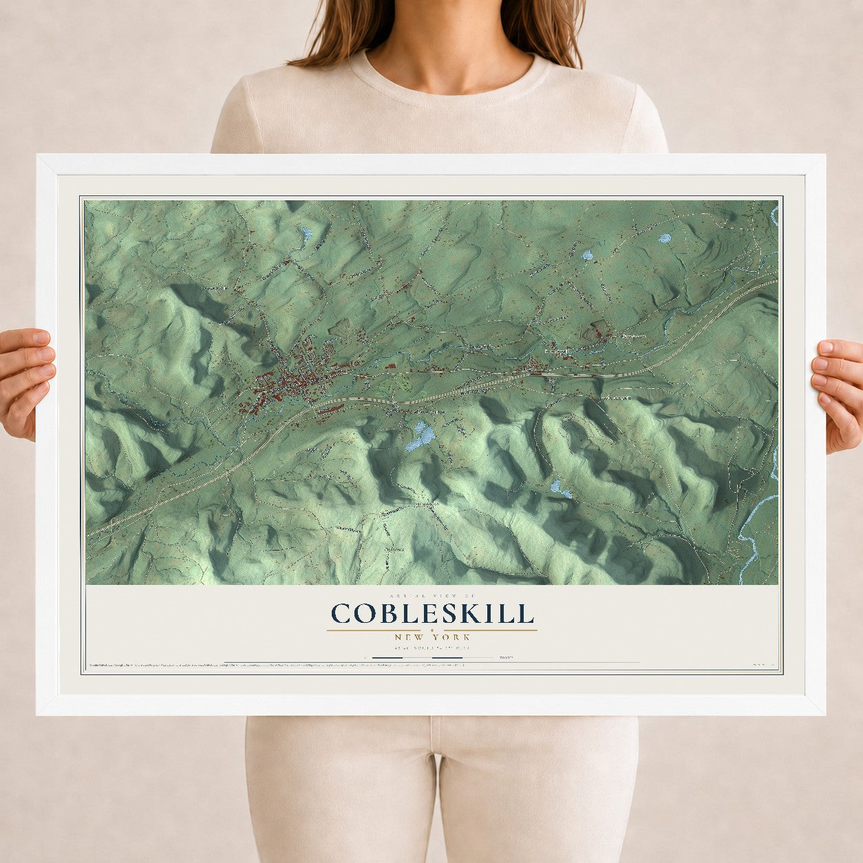 Cobleskill, New York map print, 18" x 24" W/ White Ayous Wood Frame mockup