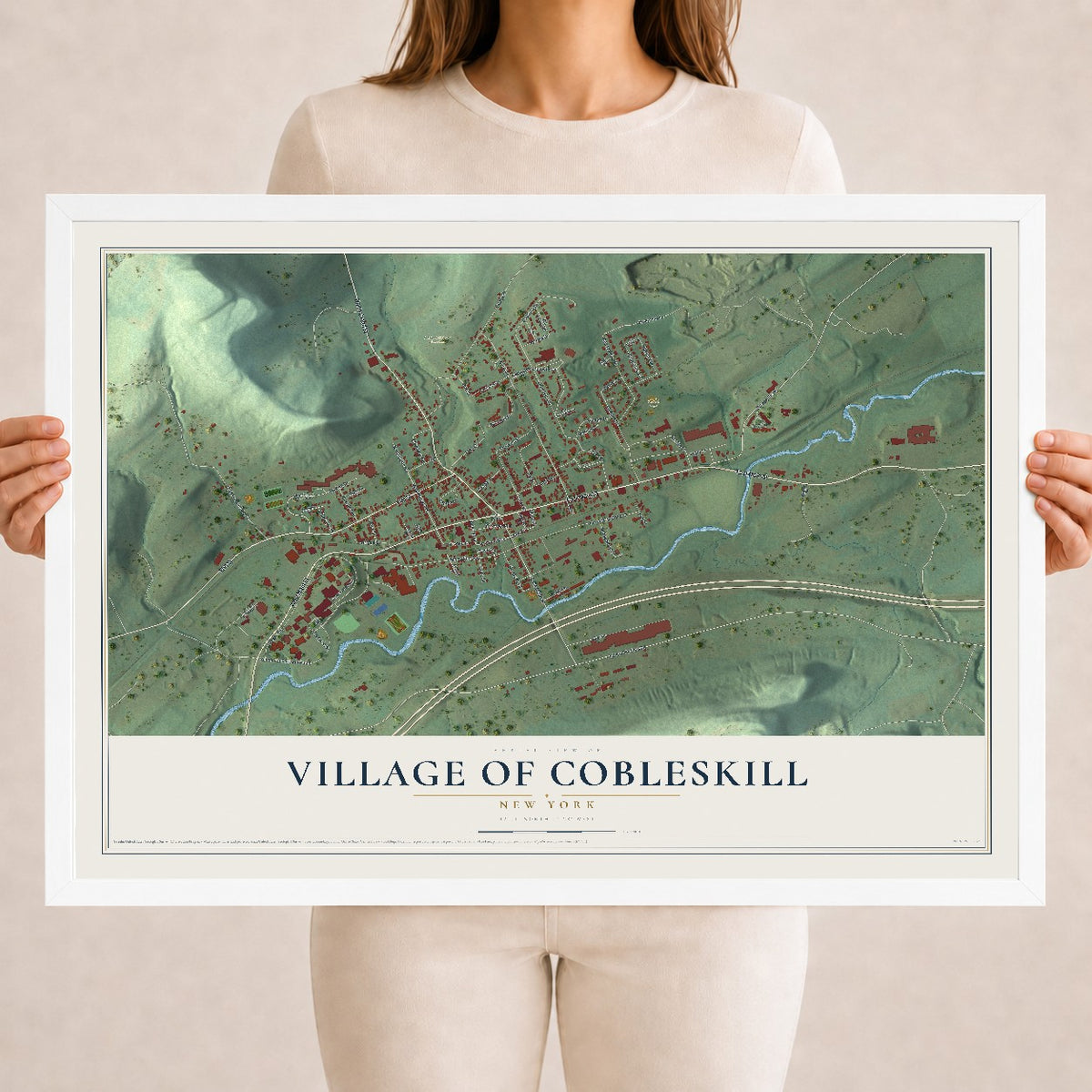 Cobleskill, New York map print, 18" x 24" W/ White Ayous Wood Frame mockup