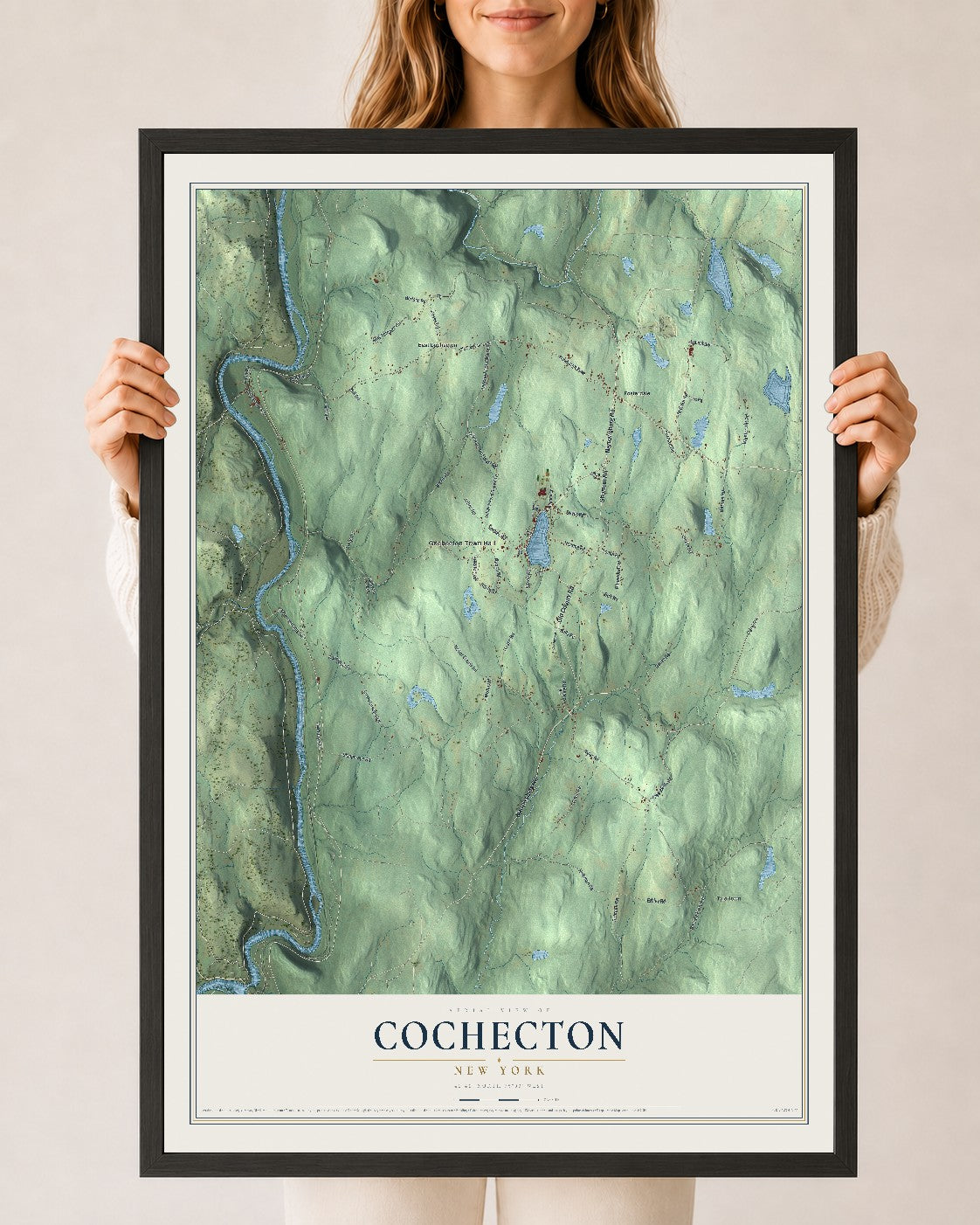 Cochecton, New York map print, 24" x 36" W/ Black Ayous Wood Frame mockup