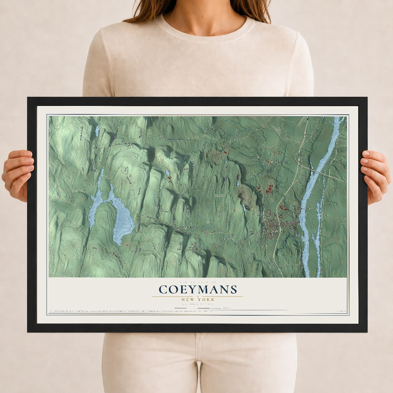 Coeymans, New York map print, 12" x 18" W/ Black Ayous Wood Frame mockup