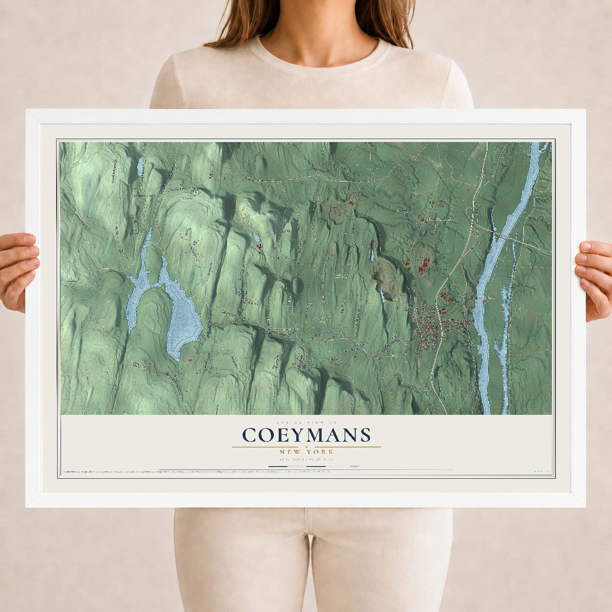 Coeymans, New York map print, 18" x 24" W/ White Ayous Wood Frame mockup
