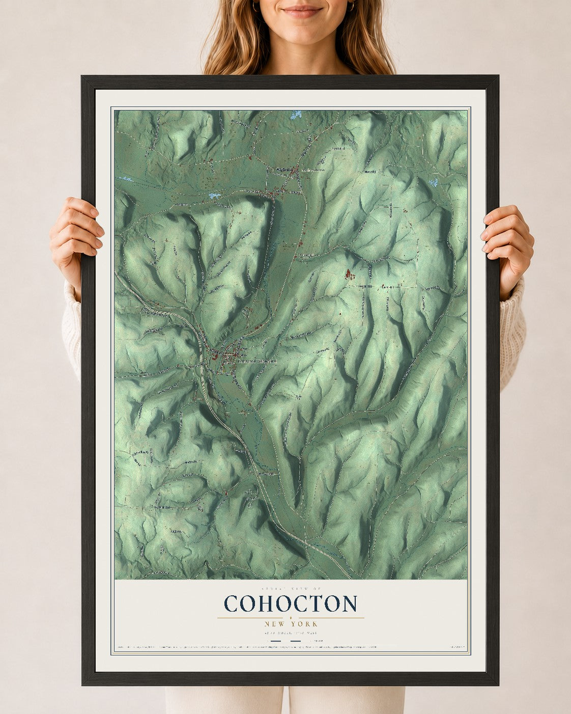Cohocton, New York map print, 24" x 36" W/ Black Ayous Wood Frame mockup
