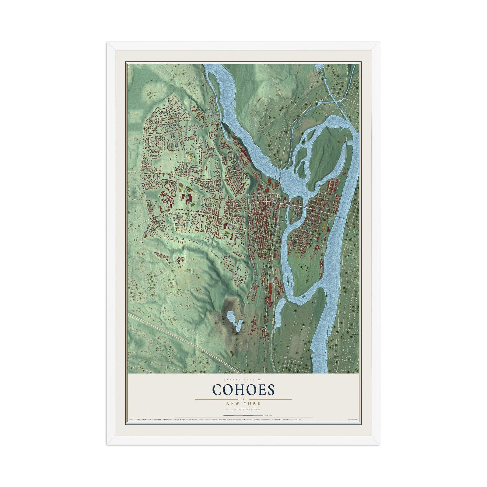Cohoes, New York map print, 12" x 18" W/ White Ayous Wood Frame mockup