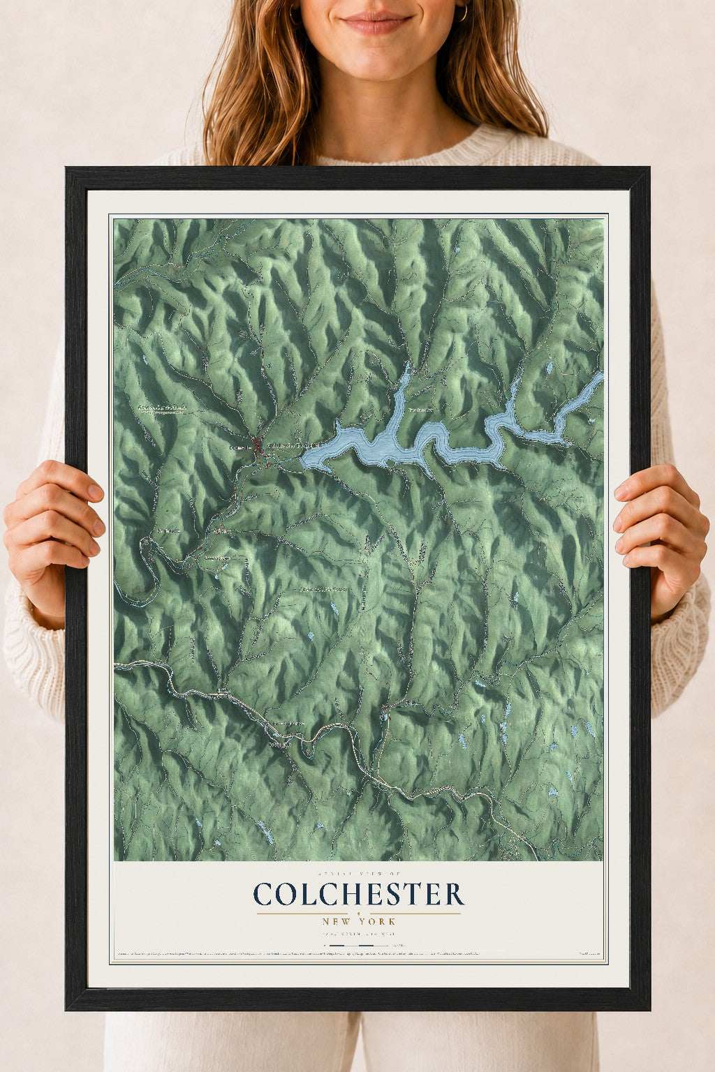 Colchester, New York map print, 18" x 24" W/ Black Ayous Wood Frame mockup
