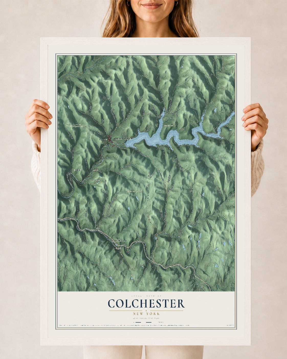 Colchester, New York map print, 24" x 36" W/ White Ayous Wood Frame mockup