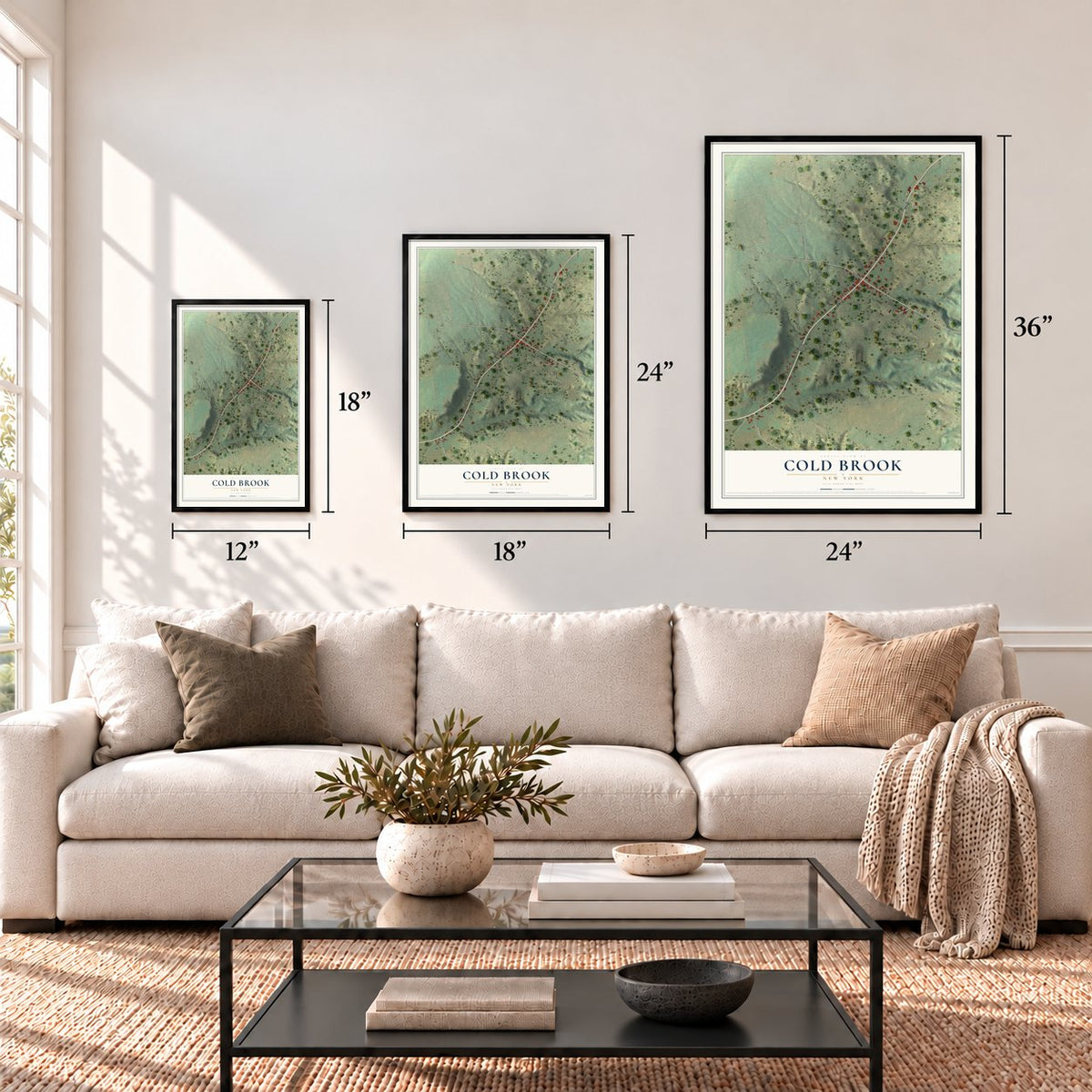 Cold Brook, New York map in 12 x 18, 18 x 24 and 24 x 36 inch sizes above a sofa