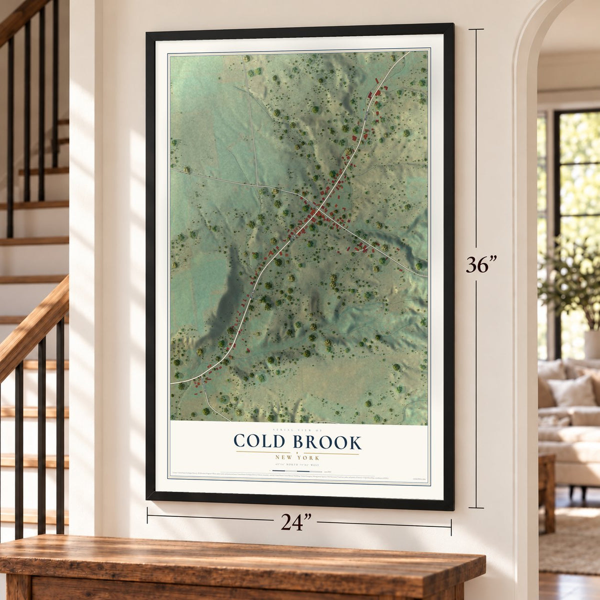 Cold Brook, New York map, 24 x 36 inch print in a black frame by a staircase
