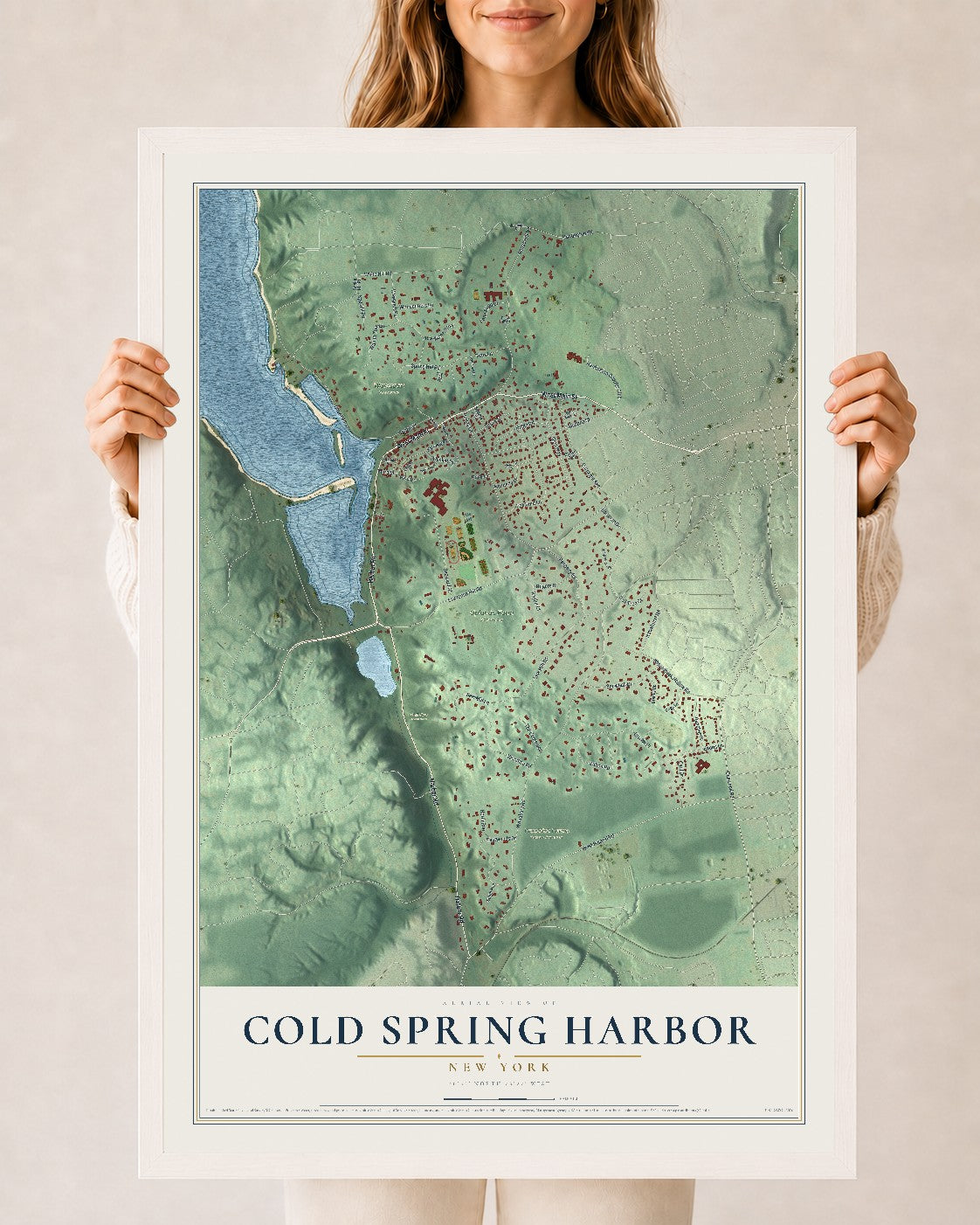 Cold Spring Harbor, New York map print, 24" x 36" W/ White Ayous Wood Frame mockup
