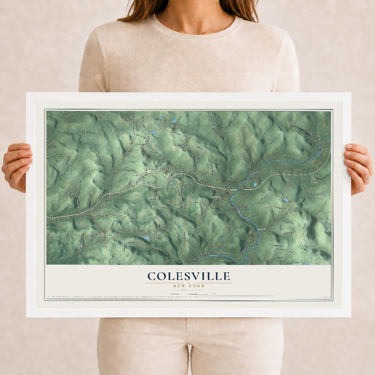 Colesville, New York map print, 12" x 18" W/ White Ayous Wood Frame mockup