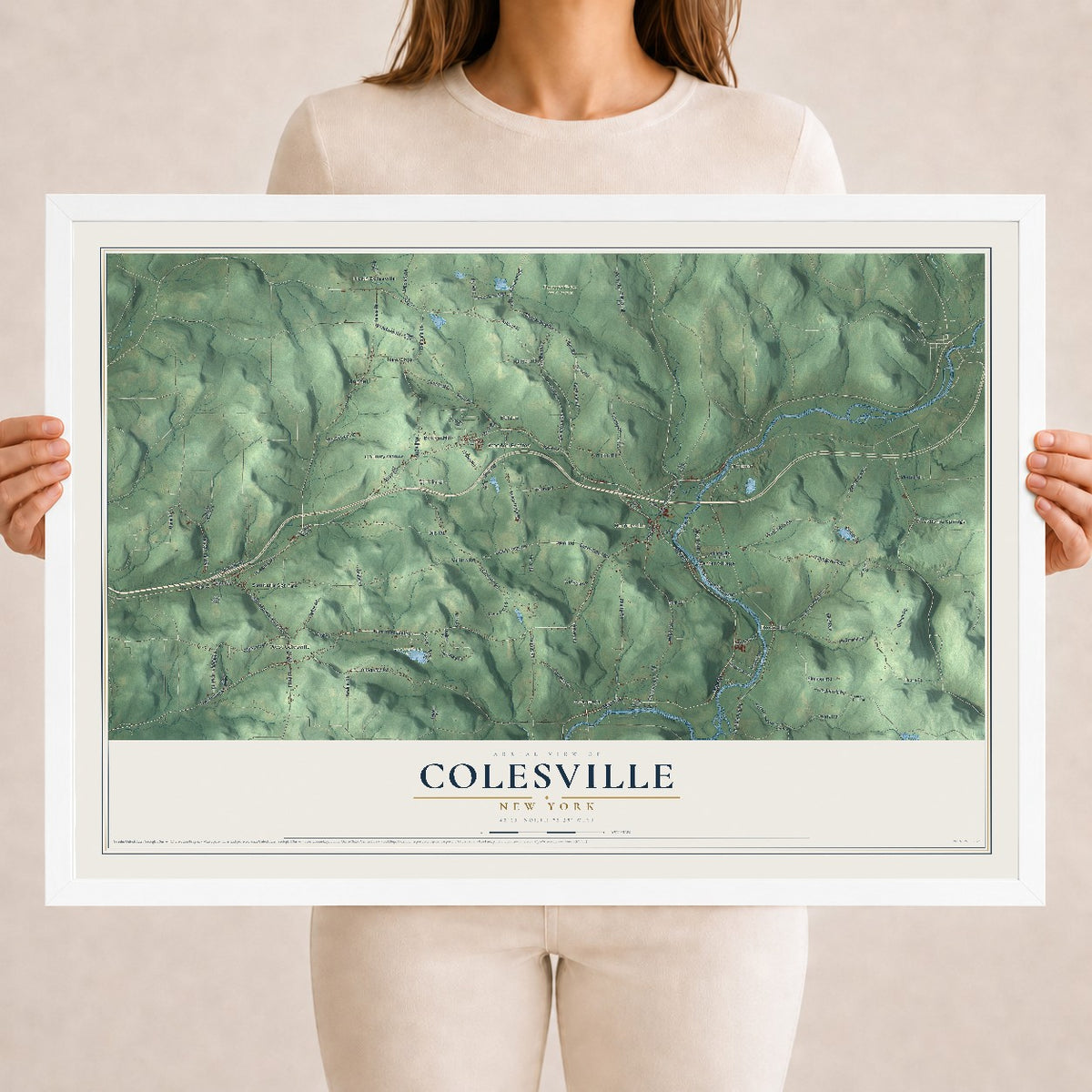 Colesville, New York map print, 18" x 24" W/ White Ayous Wood Frame mockup