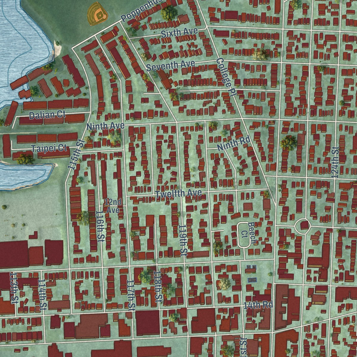 Close-up of the map of College Point, New York print showing street and building detail