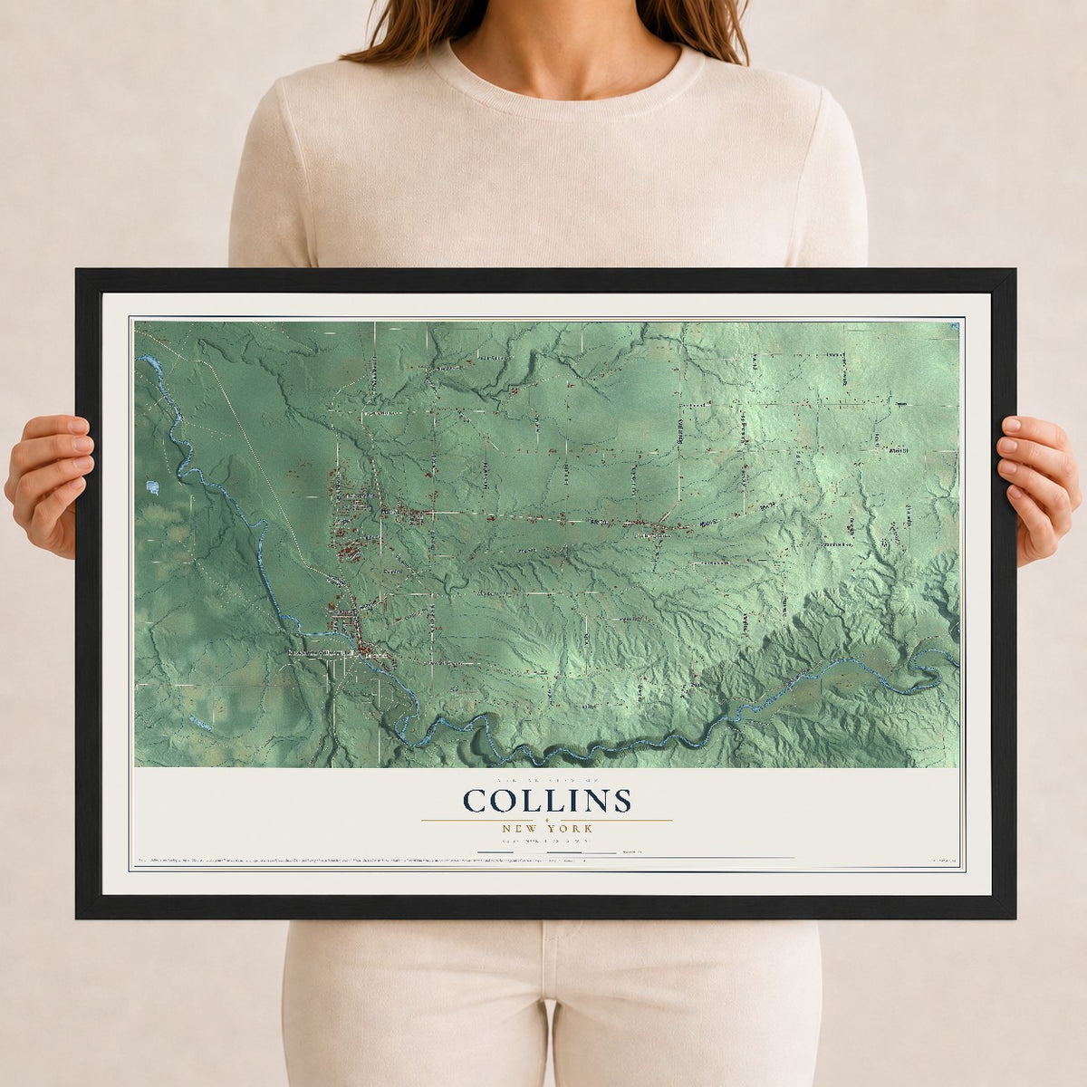 Collins, New York map print, 12" x 18" W/ Black Ayous Wood Frame mockup