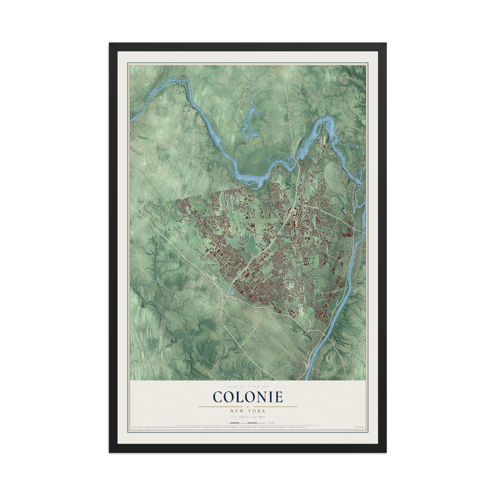 Colonie, New York map print, 12" x 18" W/ Black Ayous Wood Frame mockup