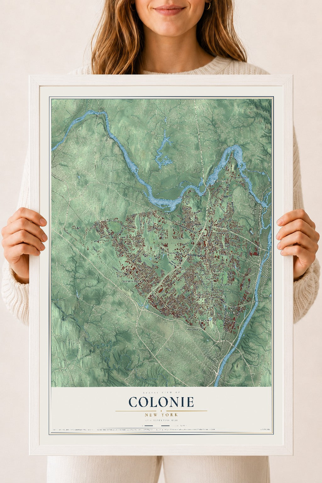 Colonie, New York map print, 18" x 24" W/ White Ayous Wood Frame mockup