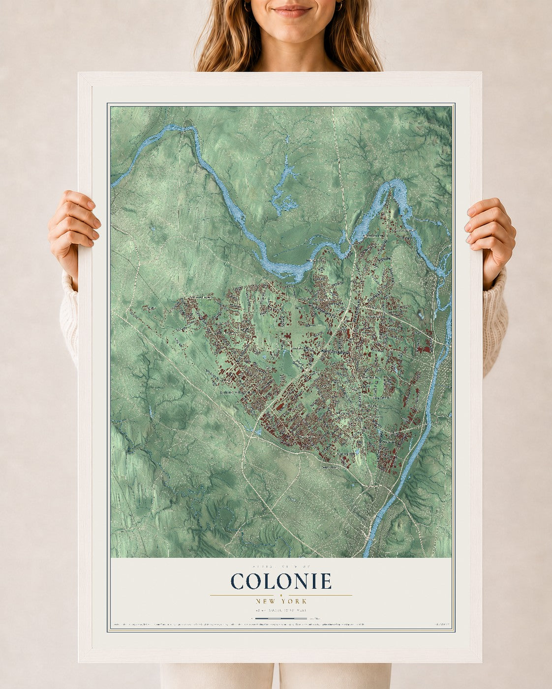 Colonie, New York map print, 24" x 36" W/ White Ayous Wood Frame mockup