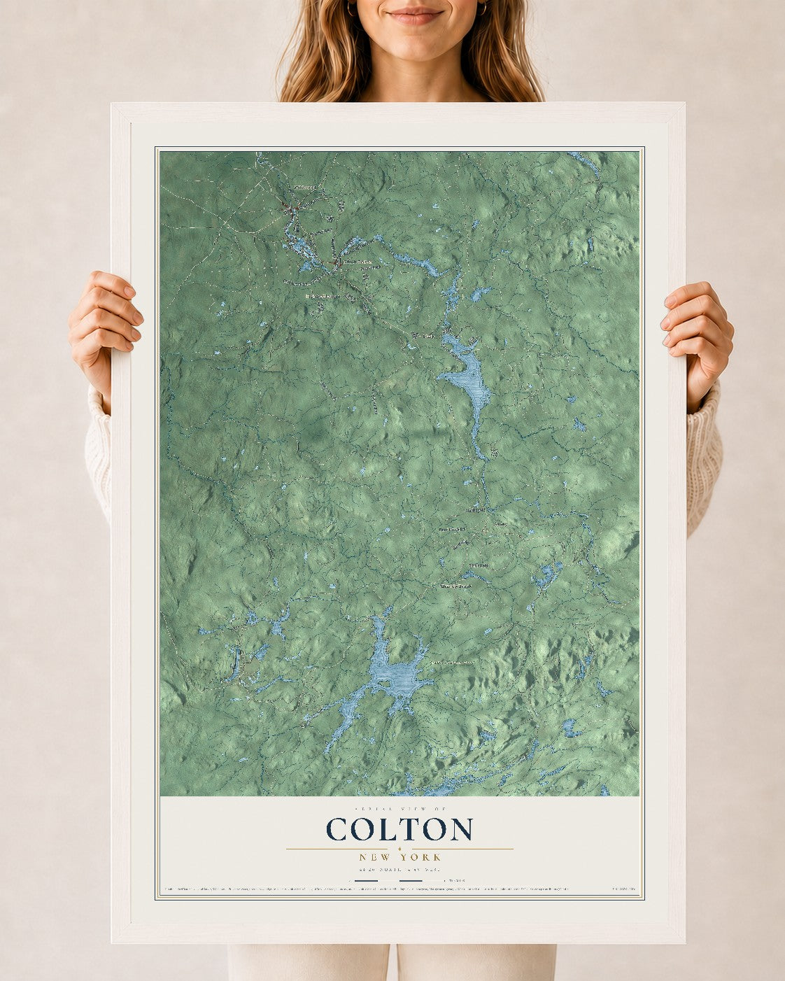 Colton, New York map print, 24" x 36" W/ White Ayous Wood Frame mockup