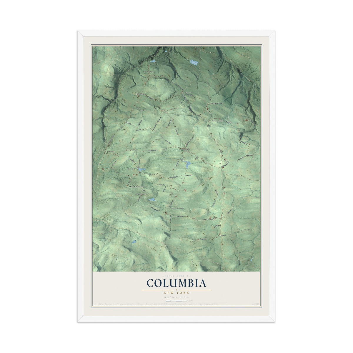 Columbia, New York map print, 12" x 18" W/ White Ayous Wood Frame mockup