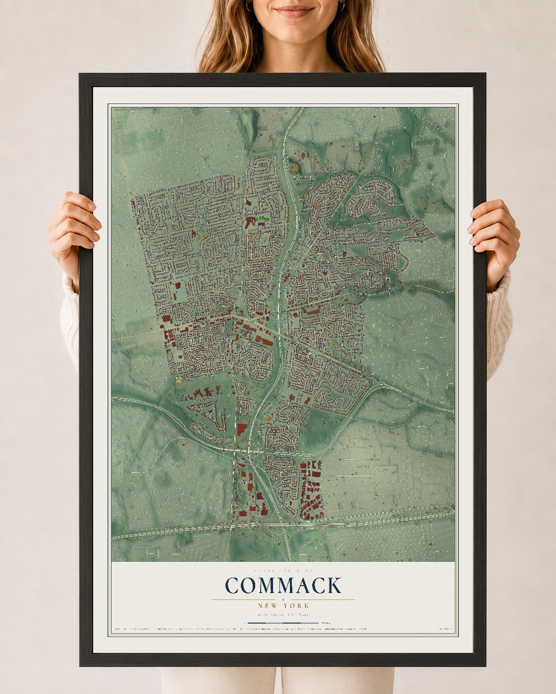 Commack, New York map print, 24" x 36" W/ Black Ayous Wood Frame mockup