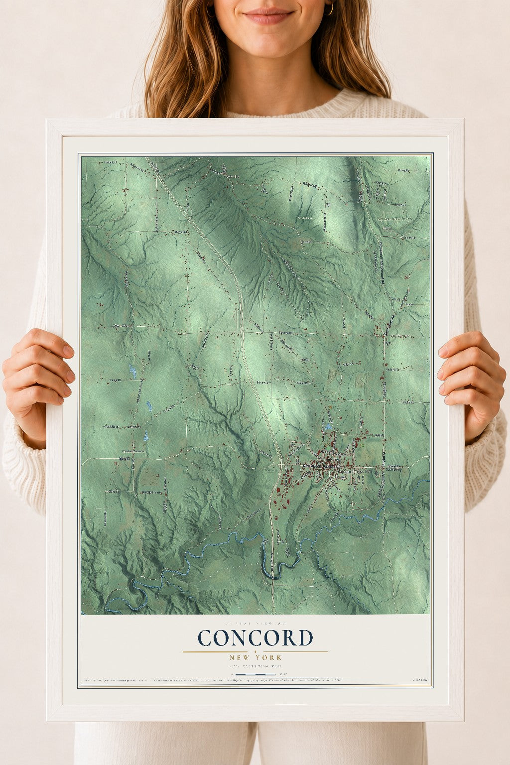 Concord, New York map print, 18" x 24" W/ White Ayous Wood Frame mockup