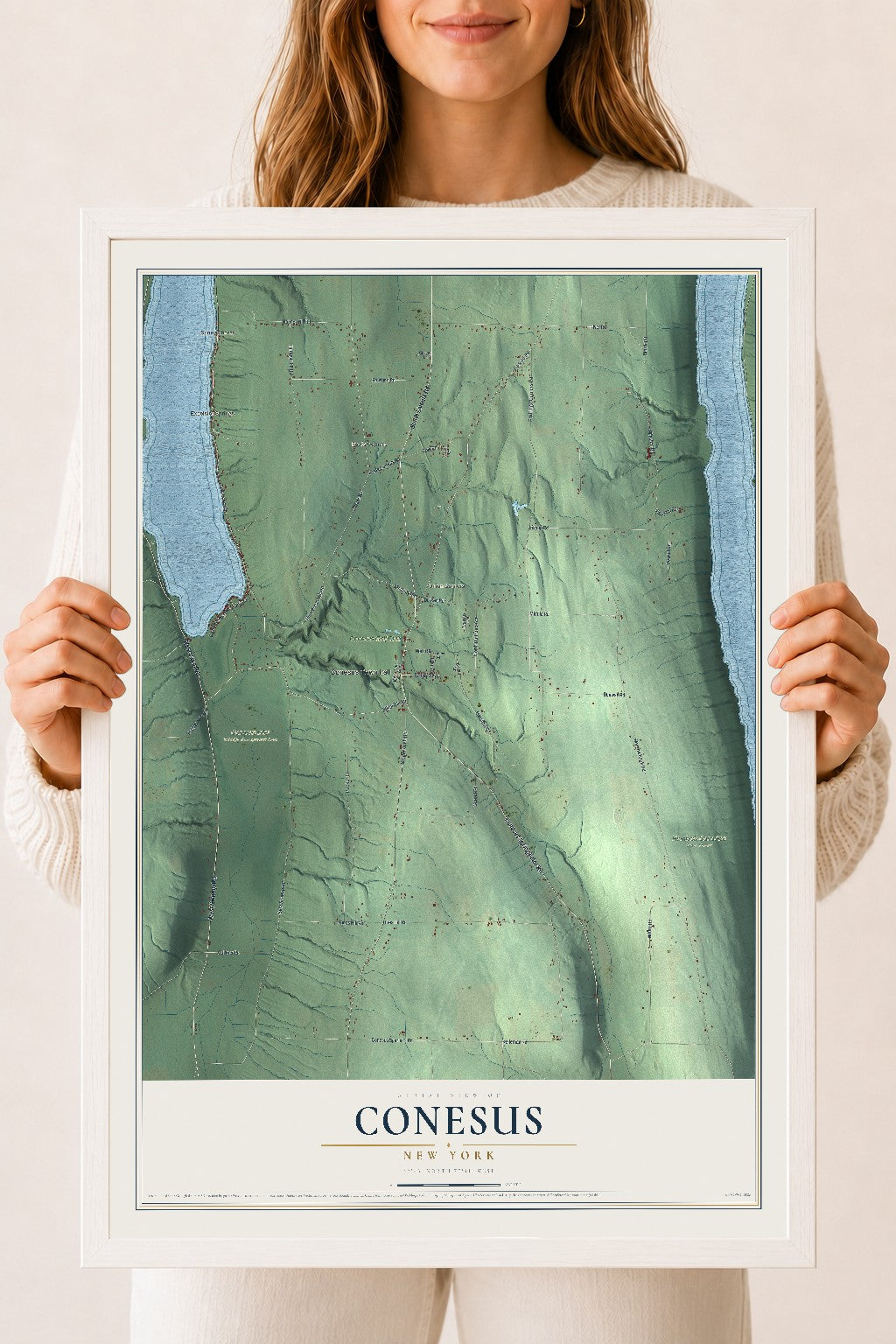 Conesus, New York map print, 18" x 24" W/ White Ayous Wood Frame mockup