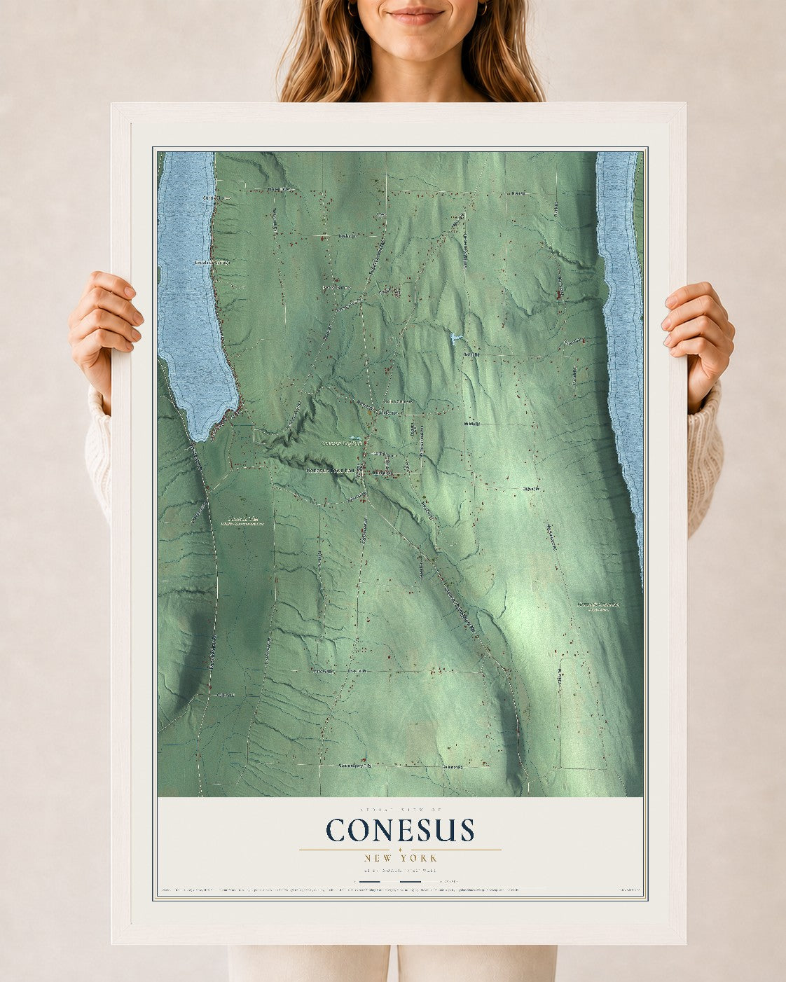 Conesus, New York map print, 24" x 36" W/ White Ayous Wood Frame mockup