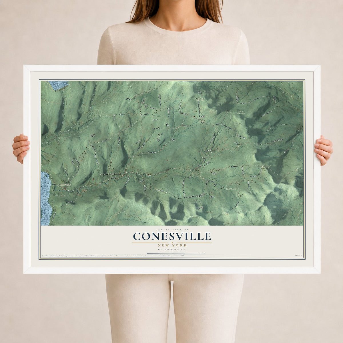 Conesville, New York map print, 24" x 36" W/ White Ayous Wood Frame mockup