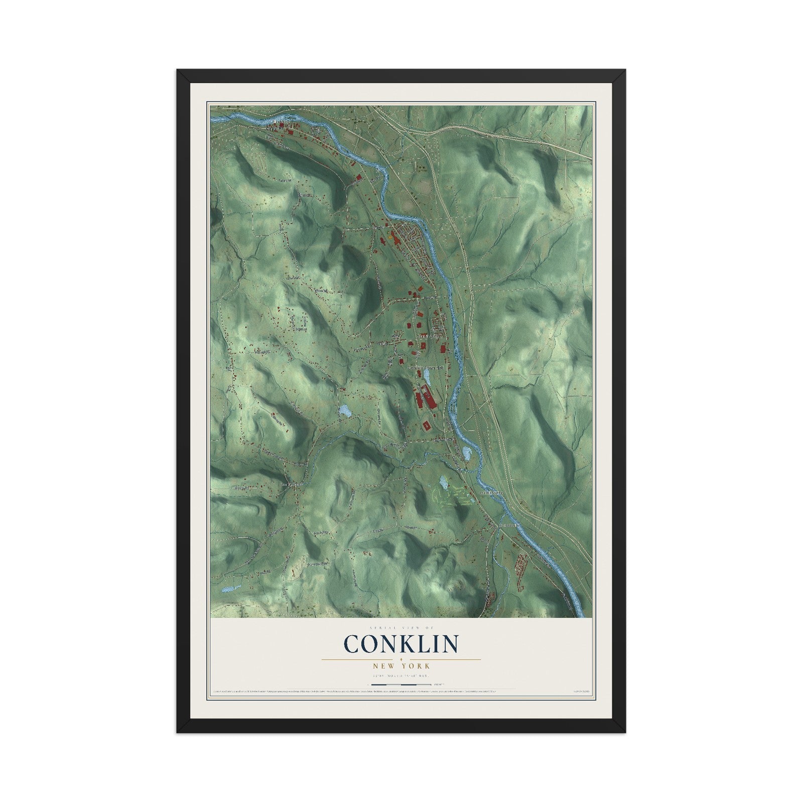 Conklin, New York map print, 12" x 18" W/ Black Ayous Wood Frame mockup