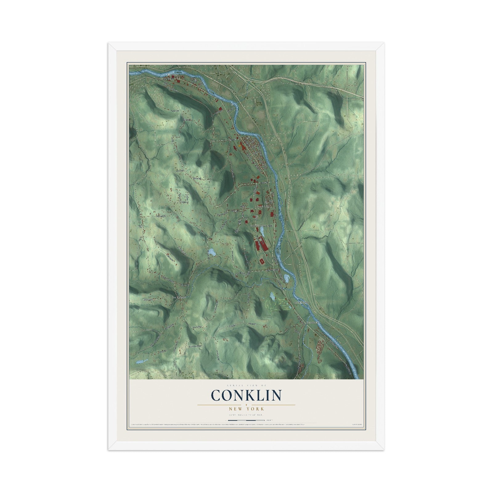 Conklin, New York map print, 12" x 18" W/ White Ayous Wood Frame mockup