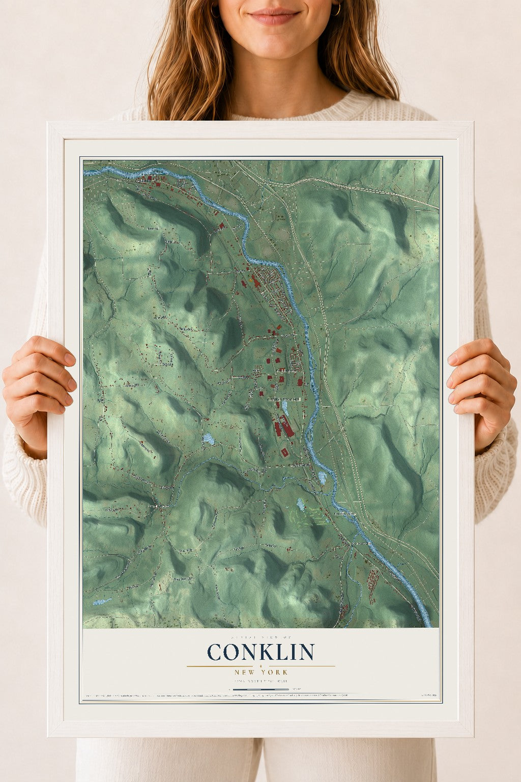 Conklin, New York map print, 18" x 24" W/ White Ayous Wood Frame mockup