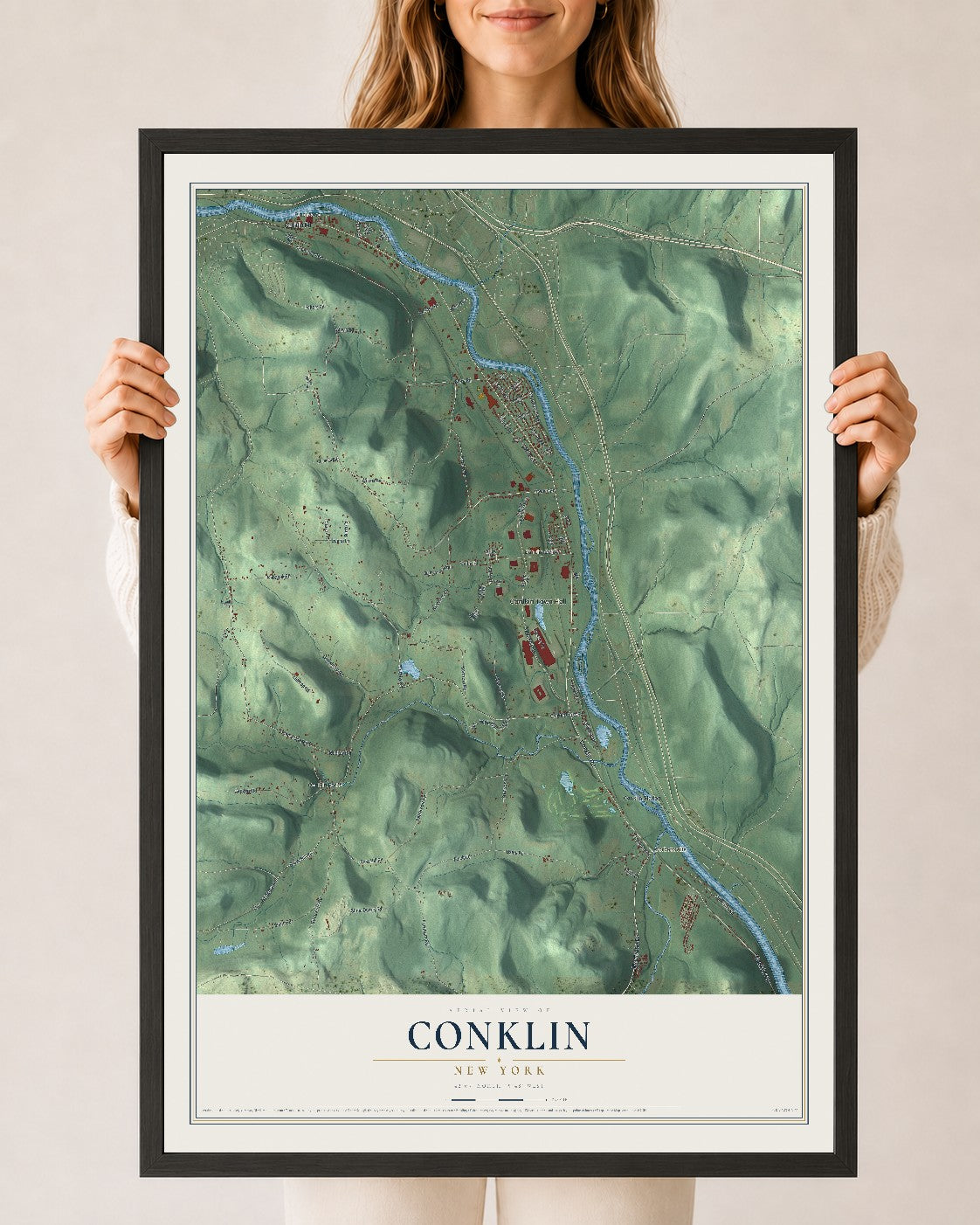 Conklin, New York map print, 24" x 36" W/ Black Ayous Wood Frame mockup