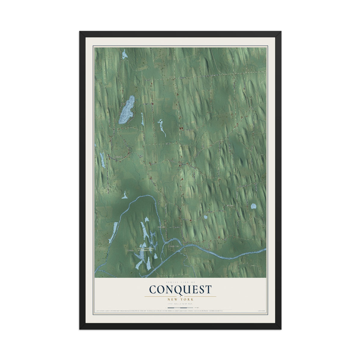Conquest, New York map print, 12" x 18" W/ Black Ayous Wood Frame mockup