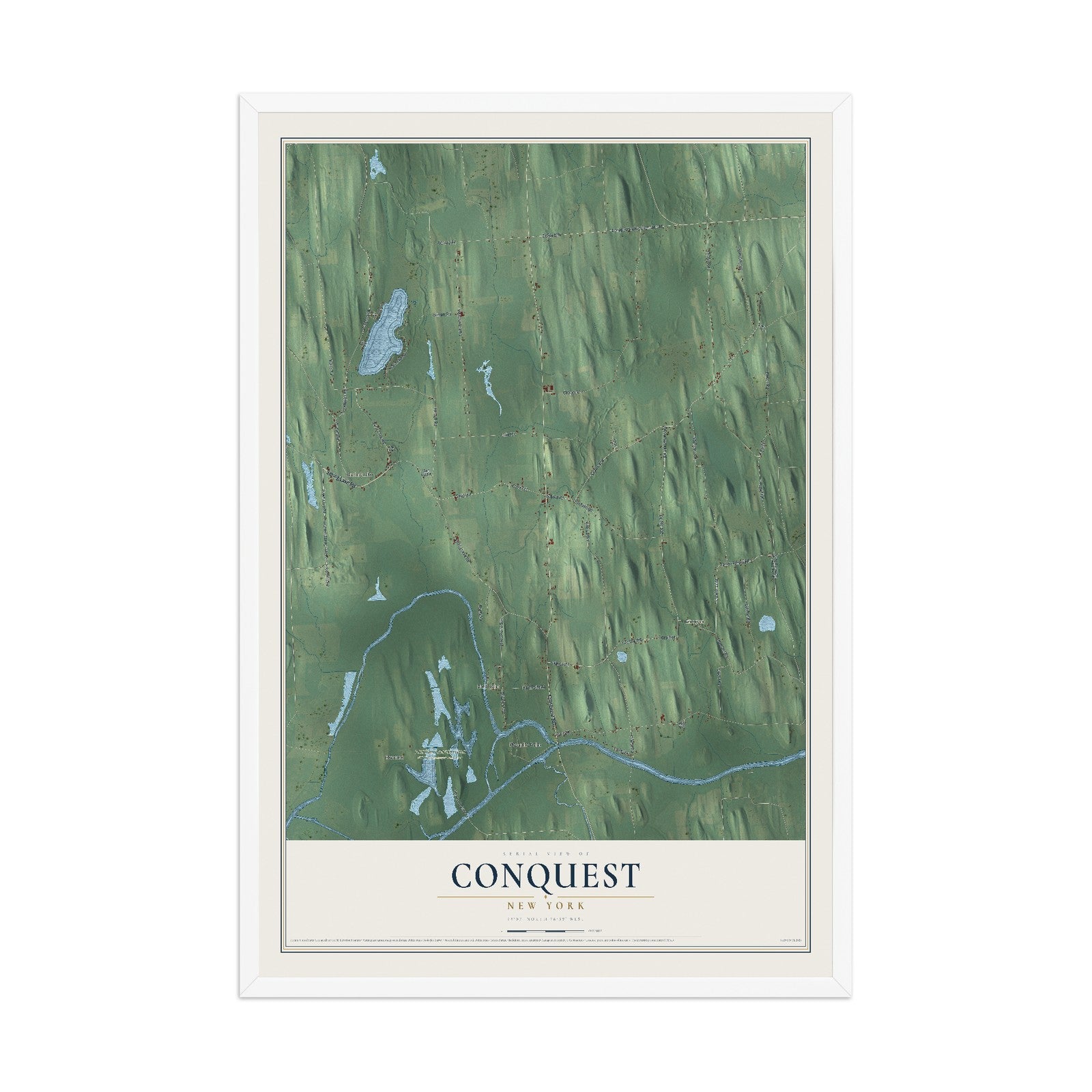Conquest, New York map print, 12" x 18" W/ White Ayous Wood Frame mockup