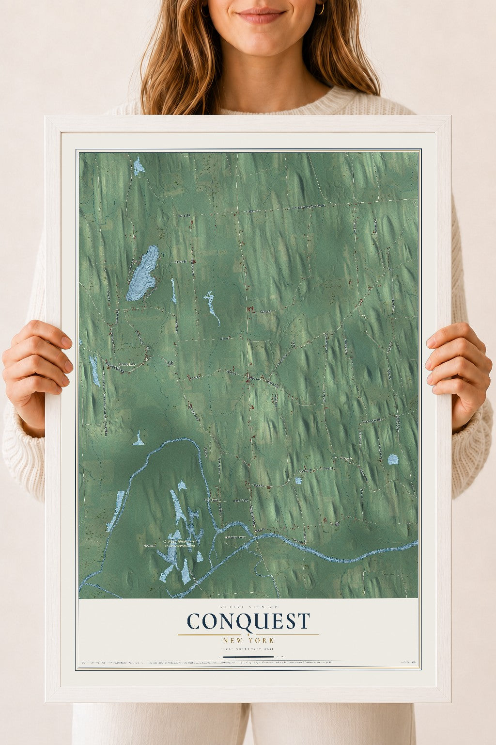 Conquest, New York map print, 18" x 24" W/ White Ayous Wood Frame mockup
