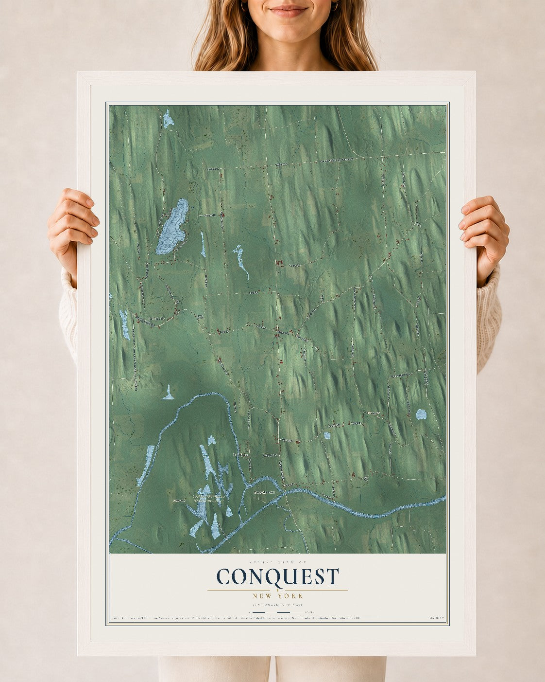 Conquest, New York map print, 24" x 36" W/ White Ayous Wood Frame mockup