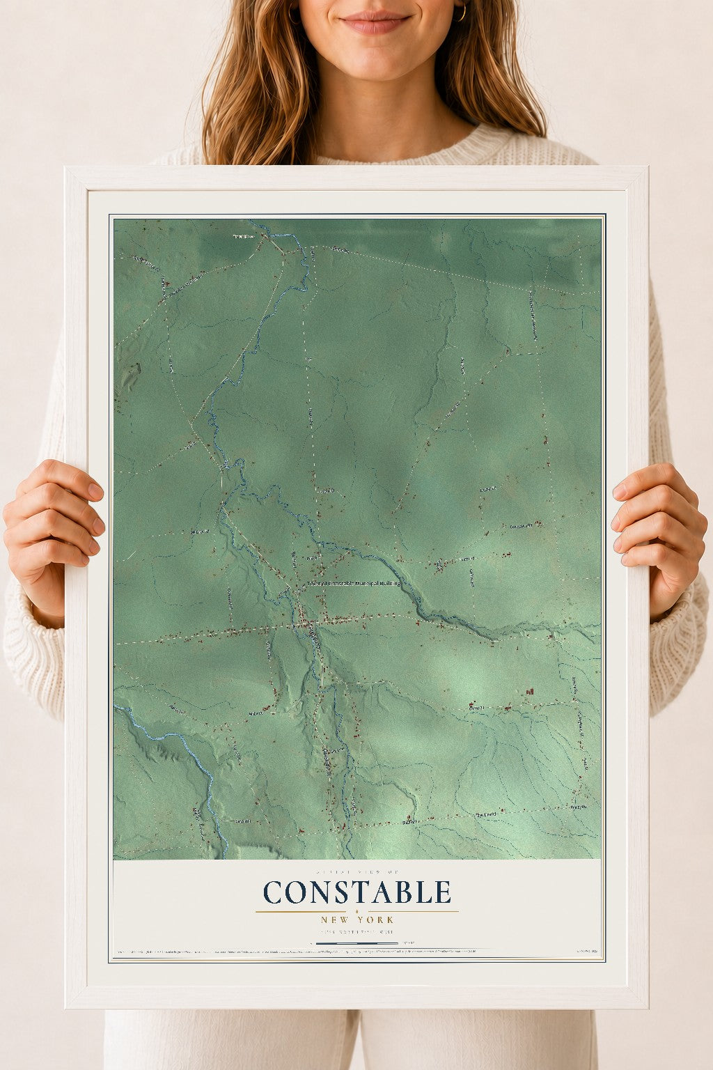 Constable, New York map print, 18" x 24" W/ White Ayous Wood Frame mockup