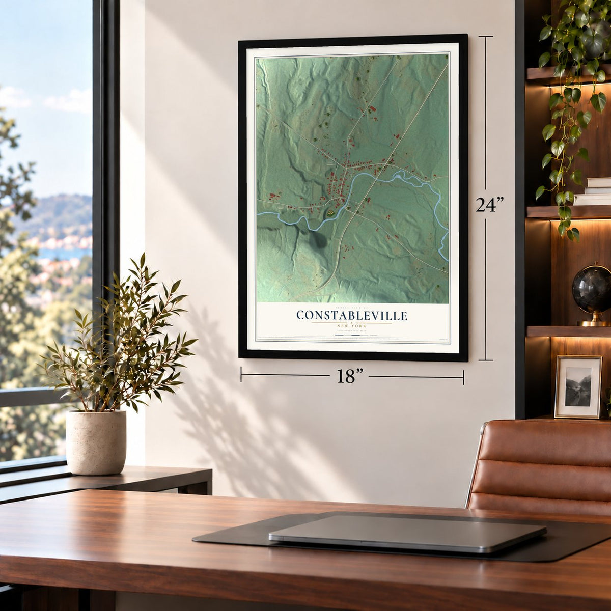 Constableville, New York map, 18 x 24 inch print in a black frame in a home office