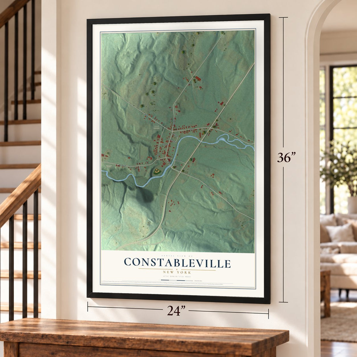 Constableville, New York map, 24 x 36 inch print in a black frame by a staircase