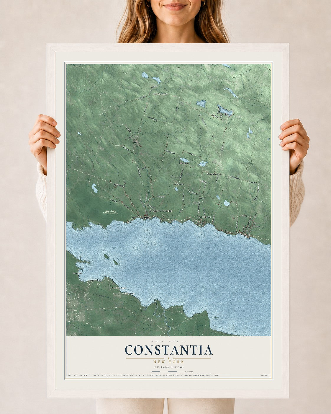 Constantia, New York map print, 24" x 36" W/ White Ayous Wood Frame mockup