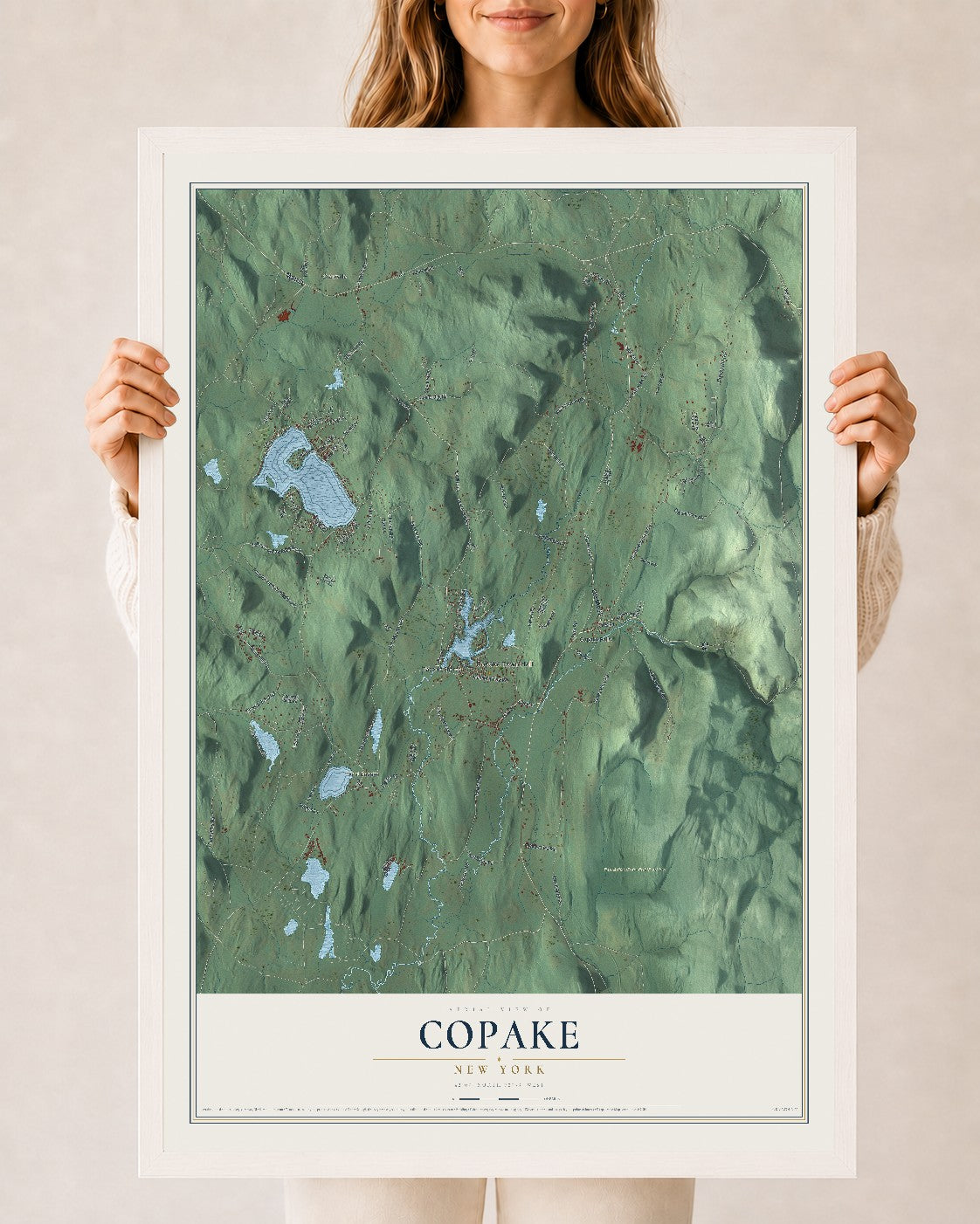 Copake, New York map print, 24" x 36" W/ White Ayous Wood Frame mockup