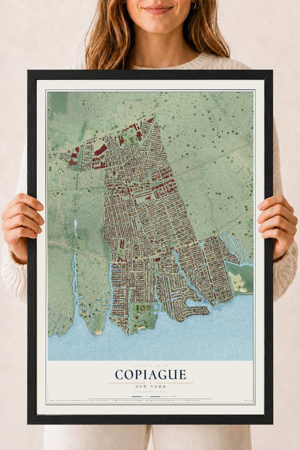 Copiague, New York map print, 18" x 24" W/ Black Ayous Wood Frame mockup