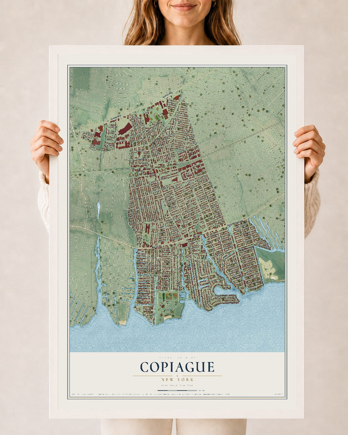 Copiague, New York map print, 24" x 36" W/ White Ayous Wood Frame mockup